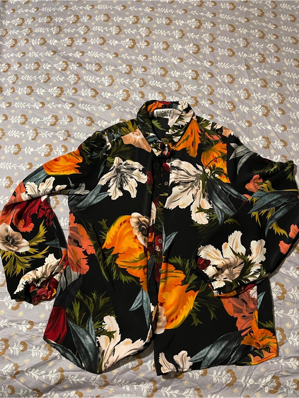 BUCKETLIST Black Tropical Floral Shirt with Orange and Green Accents